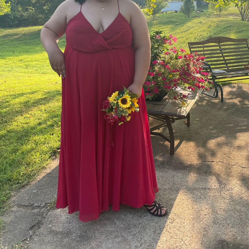 I used it as a brides maids dress. It’s Apple red. Only used once. Size 24